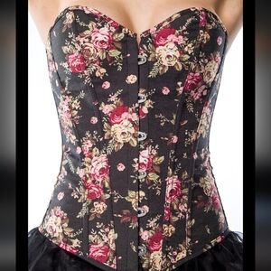 Floral Bustier Corset Top Floral Black with Pink Rose Print L